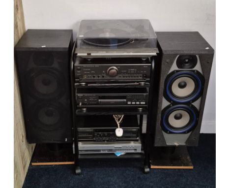 A Vintage hifi system separates; Technics compact disc player SL-PS840, stereo cassette deck RS TR474, MOS class A4 stereo in
