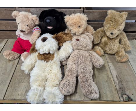 Box of various plush teddies; Classic Pooh plush by Gund- Disney, Bear Factory and various others. 