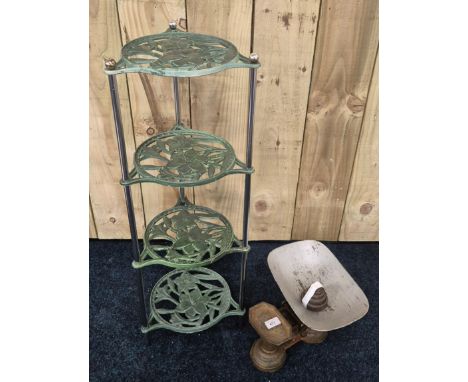 Vintage four tier pot stand together with a vintage J&amp;J Siddons ltd Westbromich weighing scales 