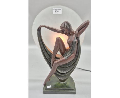 Art Deco Style lady figural table lamp with glass back shade, signed Crosa 2002 [41cm High] 