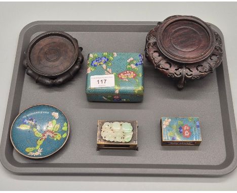 A Tray of Chinese collectables; Sterling silver and Jade sculpture matchbox holder, Chinese Cloisonne lidded box, dish and ma