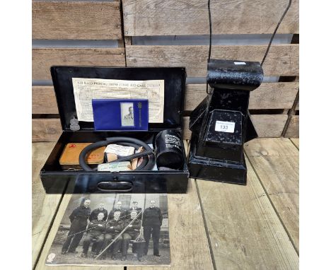 British Army WW2 MINISTRY OF SUPPLY A.R.P Black Out Lantern together with Air Raid Precautions first aid box, Silver Cap badg