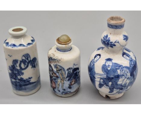 Three various antique Chinese porcelain wares; Chinese hand painted blue and white snuff bottle Kangxi blue and white snuff b