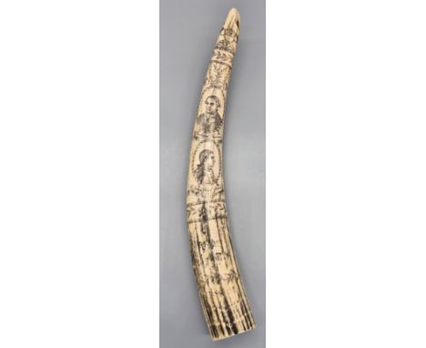 A Large reproduction Resin Walrus tusk carved with various captains, Richard Pearson &amp; John Paul Jones. 1779. The Bonhomm