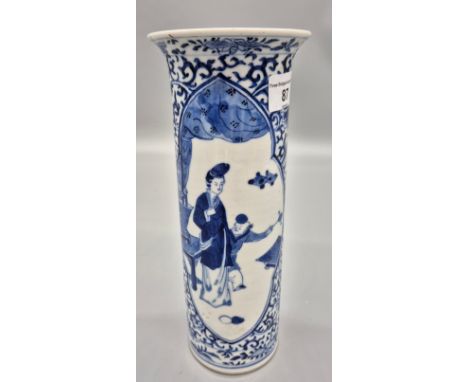Early 20th century Chinese Qing dynasty Kangxi Nian Zhi period marked Blue and white figure scene panel painted vase. Four ch