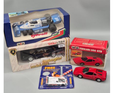 A selection of sport car models; Tonka Lamborghini, Polinstil formula one, Ferrari 308 GTB model &amp; racing car model 