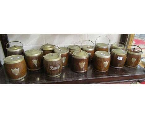 Shelf of treen biscuit barrels