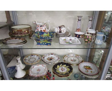 2 shelves of collectables to include Minton plates