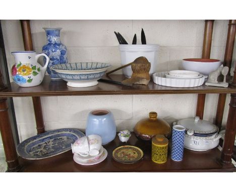 2 shelves of ceramics to include Poole vase &amp; West German lamp base