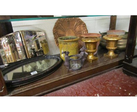 Shelf of collectables to include bevelled mirror