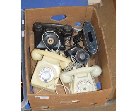 BOX WITH VARIOUS VINTAGE TELEPHONES, RADIO ETC     