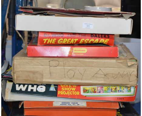 VARIOUS VINTAGE TOYS, HORNBY TRAIN SETS, DOCTOR WHO GAMES ETC     