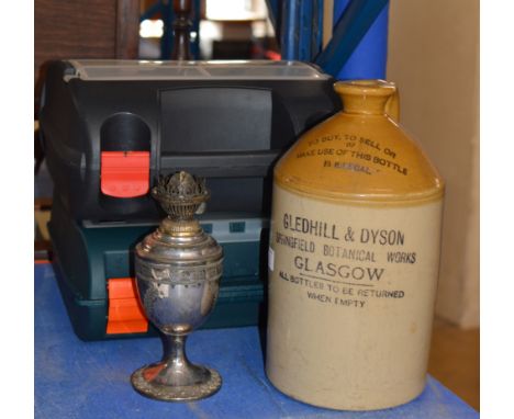 2 CASES WITH QUANTITY TOOLS, OLD CERAMIC ADVERTISING BOTTLE &amp; EP PARAFFIN LAMP BASE     