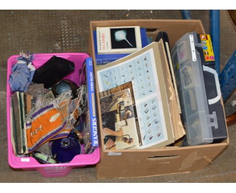 2 BOXES WITH MASONIC SASH, OLD SCARF, FISHING REEL, VARIOUS FISHING BOOKS &amp; MAGAZINES, CIGARETTE CARDS ETC     