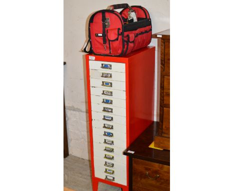 15 DRAWER METAL INDEX CABINET &amp; TOOL BASKET WITH VARIOUS TOOLS     