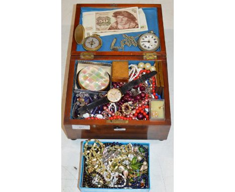 2 BOXES WITH ASSORTED JEWELLERY, VARIOUS BEADS, BROOCHES, COMPASS, POCKET WATCH &amp; CHAIN, BANK NOTES ETC     