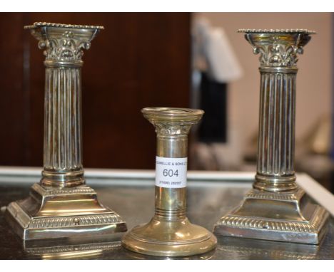 BIRMINGHAM SILVER CANDLE STICK &amp; PAIR OF EP COLUMNED CANDLE STICKS     