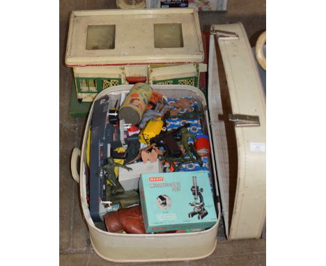 OLD TOY GARAGE &amp; CASE WITH VARIOUS VINTAGE TOYS     