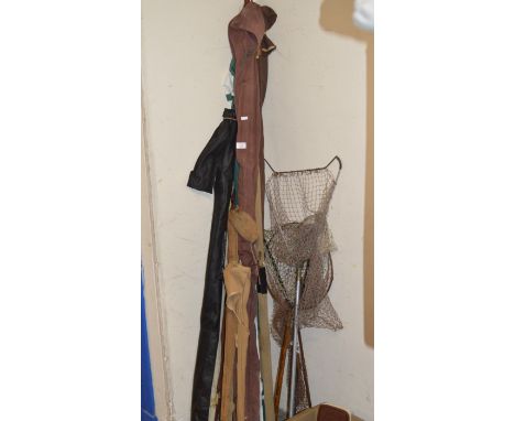 COLLECTION OF VARIOUS VINTAGE FISHING RODS, LANDING NETS ETC     