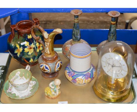 TRAY CONTAINING MIXED CERAMICS, ROYAL WORCESTER FIGURINE, POOLE VASE, PAIR OF DOULTON LAMBETH VASES, GLASS DOME CLOCK, CUP &a