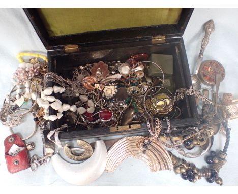 A HALLMARKED SILVER BANGLE and a collection of jewellery etc, in a Victorian jewellery box