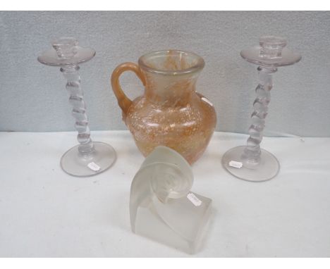 AN ART DECO GLASS  BOOKEND, A PAIR OF CANDLESTICKS and a jug