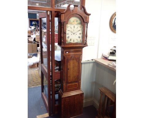 A 19TH CENTURY EIGHT DAY LONGCASE CLOCK in oak and mahogany case, with painted dial 209 cm high