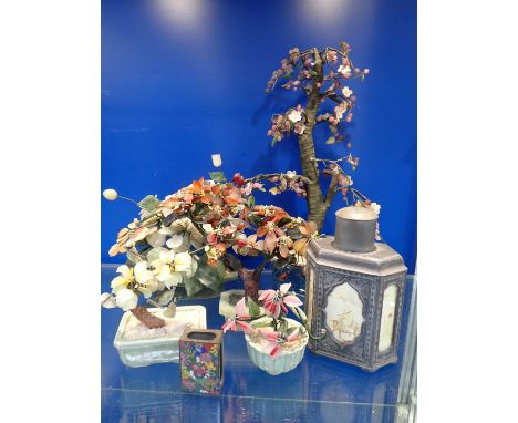 A PEWTER CADDY, 'JADE' TREES and a cloissonne matchbox cover