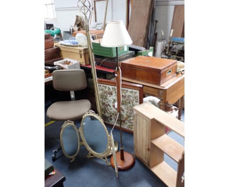 A VICTORIAN ASH HANGING SHELF/CUPBOARD 57 cm wide, a 1960s standard lamp, another, a firescreen, an office chair, and a tripl