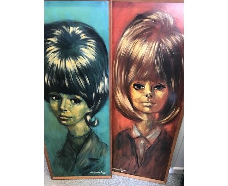 LEIGHTON-JONES: A PAIR OF OILS ON BOARD each  portrait of a young lady with 1960's hairstyle, 124cm x 47cm, each dated "65"