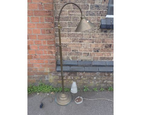 A BRASS ADJUSTABLE STANDARD LAMP with conical brass shade approx. 145 cm high, and a vintage adjustable table/wall lamp