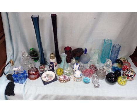 A TALL VICTORIAN STYLE RUBY GLASS VASE another similar, glass paperweights and sundries