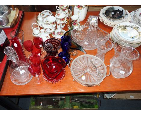 A CUT GLASS BASKET and other cut and engraved glass, including ruby and cranberry glass
