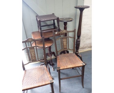 A MAHOGANY TORCHERE another, two tripod tables two bedroom chairs and a stool