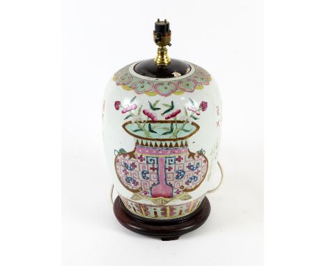 Chinese Famile Rose ginger jar decorated with peonies in a planter and with calligraphy H26cm ( now converted to a lamp, lack