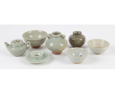 A Group of Miniature ceramics (7) including, a Miniature Celadon teapot censer , two Jarlets one with one handle restored , T