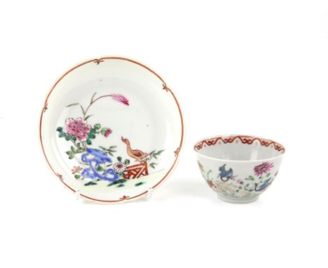 A Chinese Famille Rose Teacup and a Saucer Qing dynastyPainted with ducks and flowers and rocks . 7.3cm diameter for the cup 