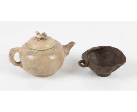 A Chinese Ge-Type Pottery Teapot , And a Yixing Teacup , Qing Dynasty, 19th century (2) with Figural Spout, and the handle a 