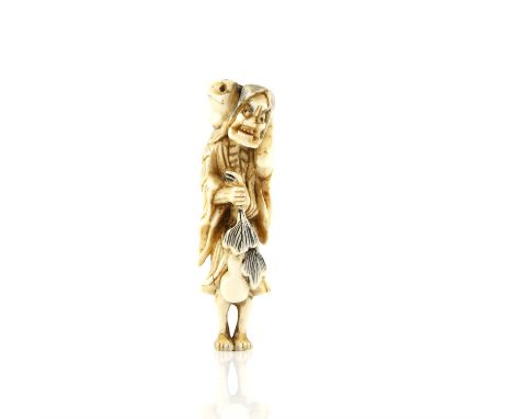 A Japanese Netsuke , Meiji PeriodCarved Ivory representing a man with a frog . 7.4 X 2 cm, Comes with a Dutch certificate of 