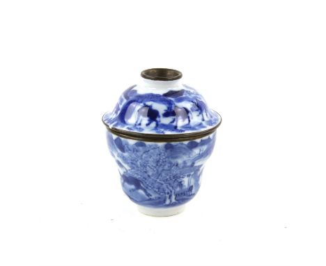 A Blue and White Cup with Cover , Qing Dynasty Possibly Qianlong,the rim of the cup and the cover and knob mounted with metal