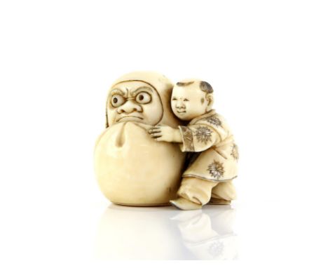 A Netsuke With Daruma and a Boy , Meiji Period 4cm high , unsigned