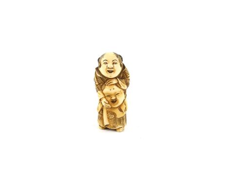 A Japanese Netsuke , Meiji Period, Carved Ivory representing a man holding a mask , . 5.4 X 2.9 cm. Comes with a Dutch certif