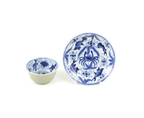 A Chinese Olive Green, Blue and white bowl and saucer, Qing dynasty, Kangxi period The Exterior with an olive green glaze. Th