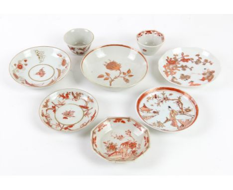 A Nice Group of Iron Red and gilded Cups and Saucers , 17th, 18th and later (14) Comprising , 8 cups and 6 saucers . Painted 