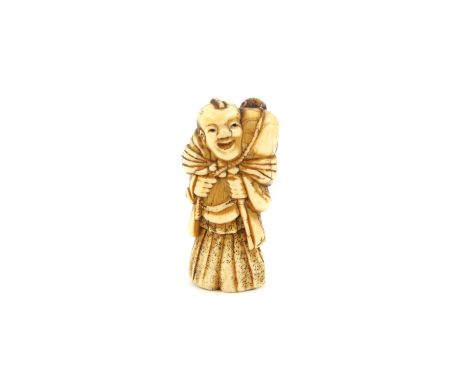 A Japanese Netsuke , Meiji Period, Carved Ivory representing a man with a Monkey. . 5.9 X 2.9 cm. Comes with a Dutch certific