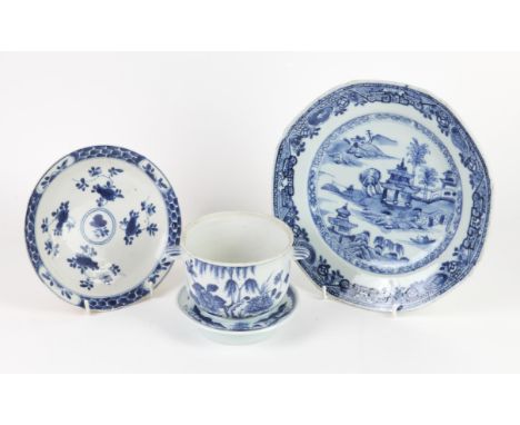 A Group of Chinese Blue and White Porcelain , 18th century and later (6) including , two dishes three cups and one tureen on 