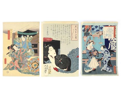 Three Japanese woodblock prints, comprising, two Utagawa Kunisada ( 1786-1865), Scene of Kabuki actors playing the role of Ro