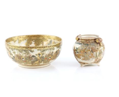 A Japanese Satsuma Bowl and a Jar . Meiji period .The bowl is decorated with enamel and relief molded Buddhist characters on 