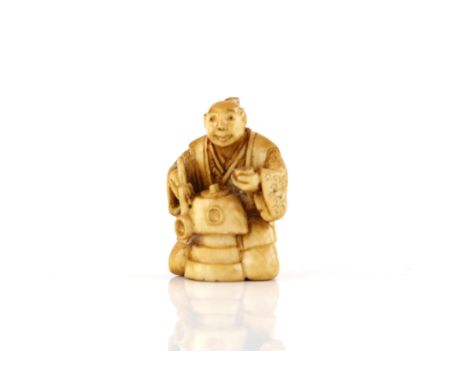 A Japanese Netsuke , Meiji Period Carved Ivory representing a man with a pot a laddle and a cup, Comes with a Dutch certifica