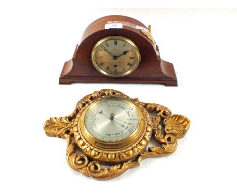 A Mahogany eight day mantel clock and a giltwood aneroid barometer